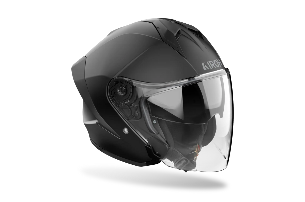 Airoh H 21 Color nero opaco, casco jet con visiera lunga, vista di tre quarti anteriore