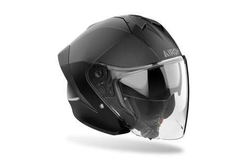 Airoh H 21 Color nero opaco, casco jet con visiera lunga, vista di tre quarti anteriore