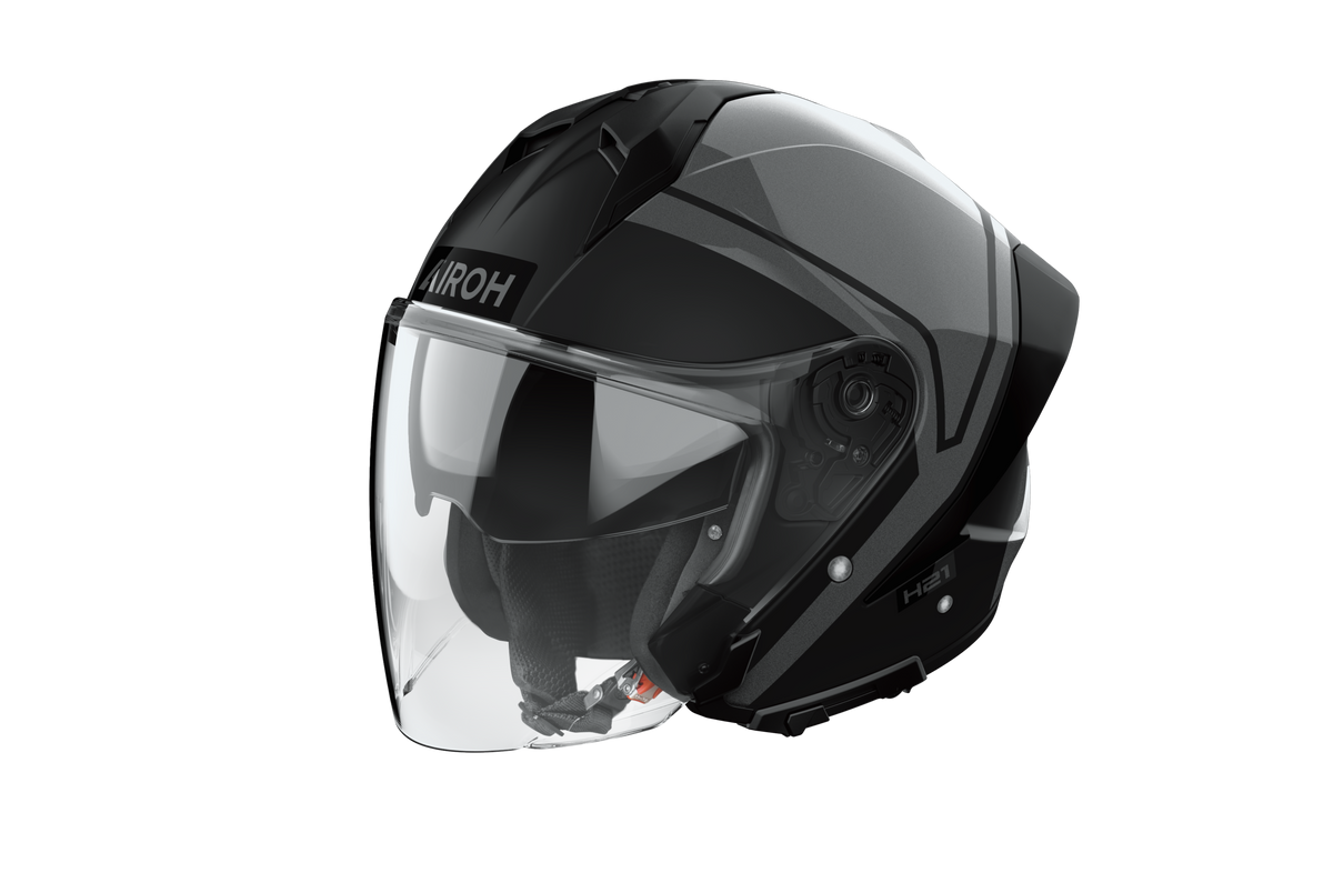 Casco jet Airoh H 21 Square nero opaco e lucido visto di tre quarti dal lato opposto