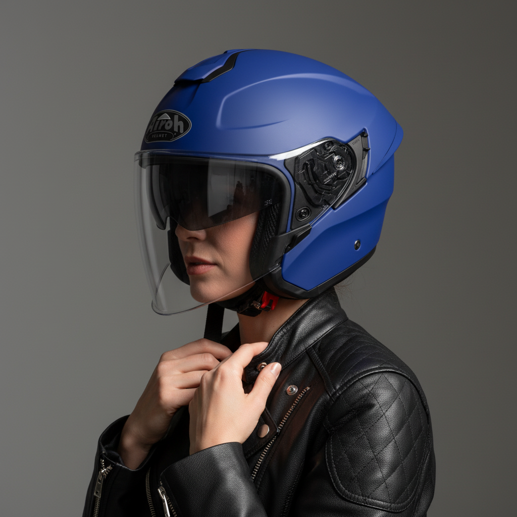 Ragazza di profilo allaccia il cinturino del casco jet Airoh H.20 blu opaco