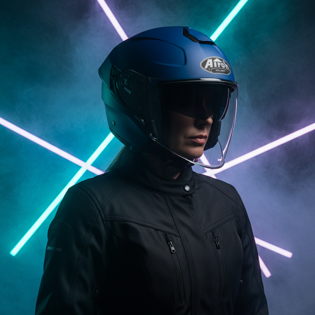 Donna con casco Airoh H.20 blu opaco e parasole scuro davanti a fasci neon incrociati