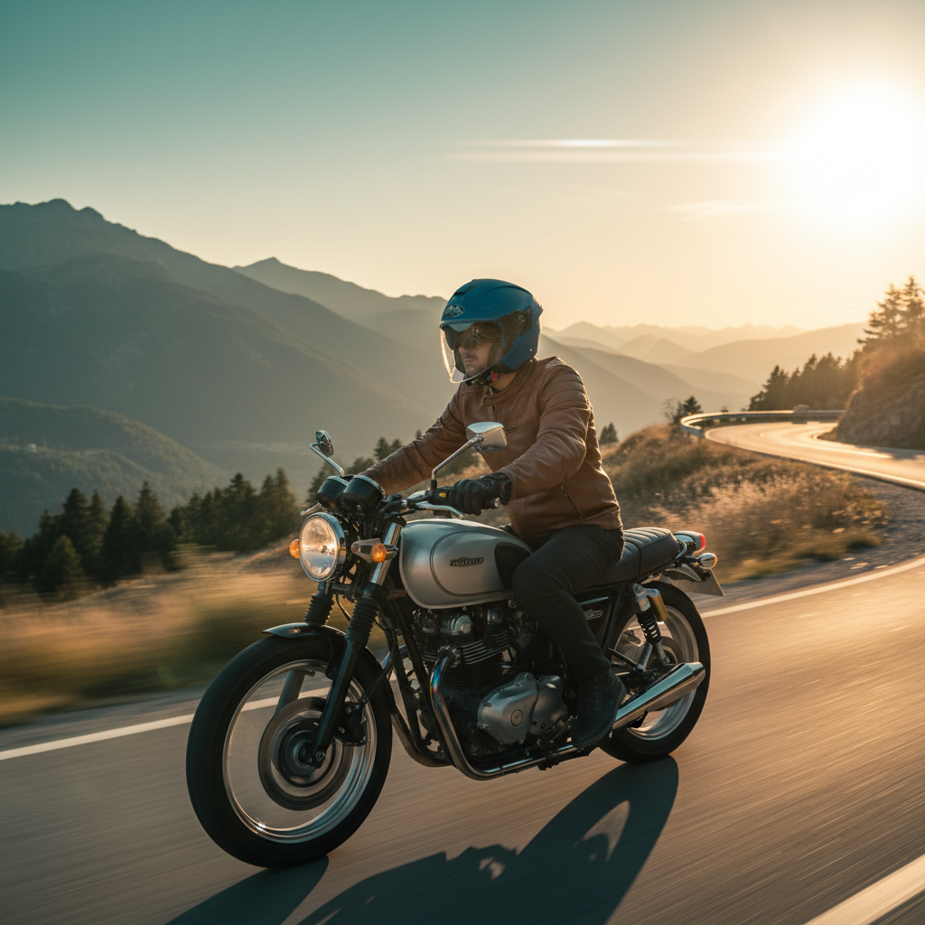 Motociclista con casco blu opaco Airoh H.20 in marcia su strada di montagna al tramonto