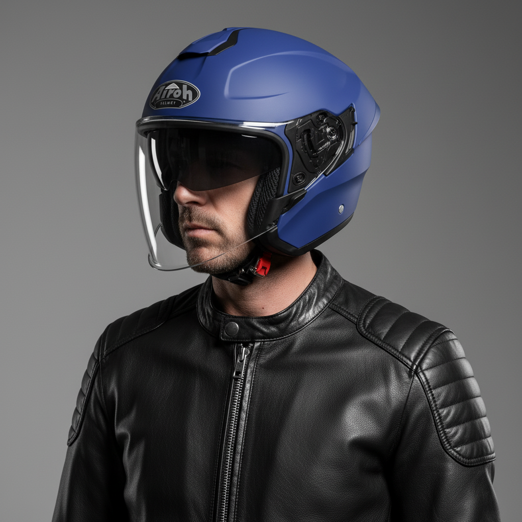 Uomo con giacca in pelle indossa il casco Airoh H.20 blu opaco in studio, visiera chiusa