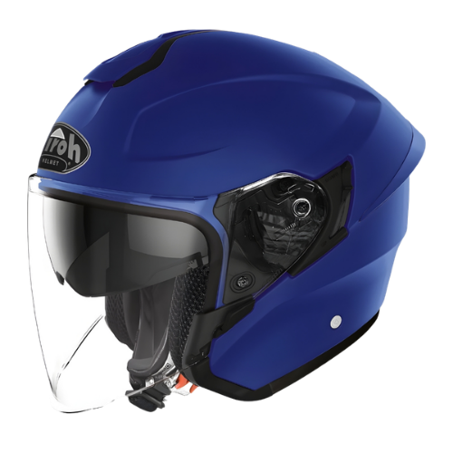 Casco jet Airoh H.20 blu opaco, tre quarti anteriore sinistro con visiera abbassata