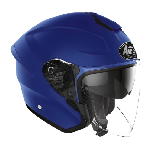 Casco Airoh H.20 blu opaco visto da tre quarti posteriore destro, parasole scuro abbassato