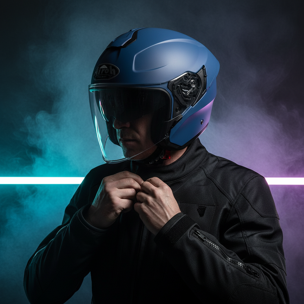 Motociclista con casco Airoh H.20 blu opaco tra fumo e luci al neon, visiera abbassata