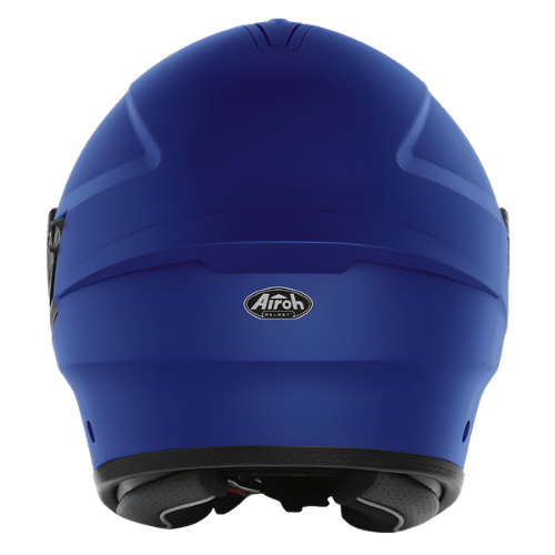 Vista posteriore del casco jet Airoh H.20 blu opaco con logo Airoh su fondo bianco