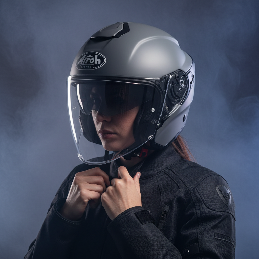Donna con casco Airoh H.20 grigio opaco allaccia la giacca tra il fumo in penombra