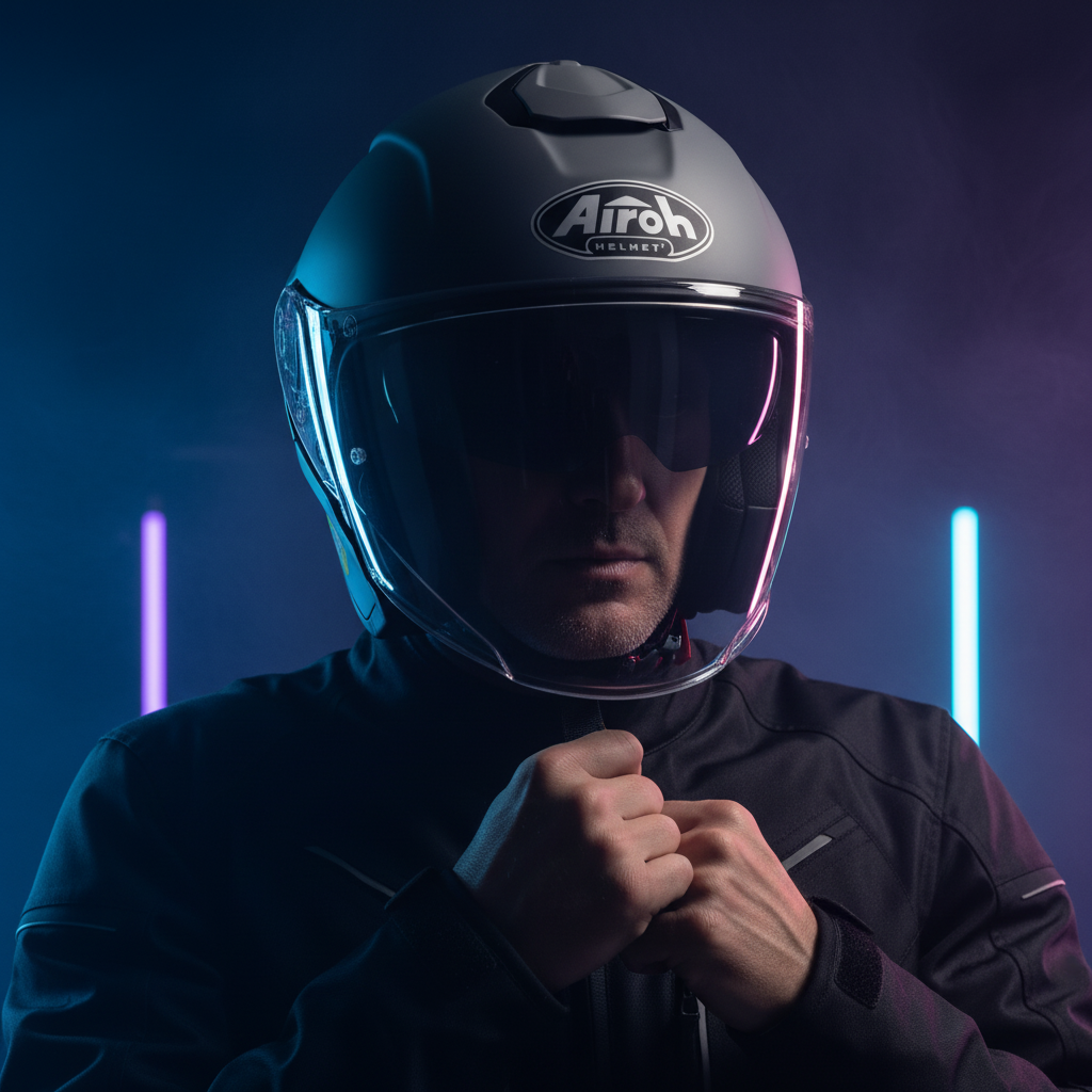Casco Airoh H.20 grigio scuro indossato di fronte, con neon viola e azzurri sul fondo