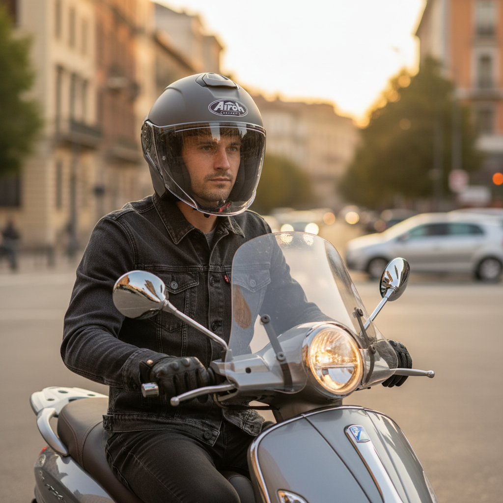 Uomo in scooter per le vie della città con casco Airoh H.20 grigio e visiera alzata