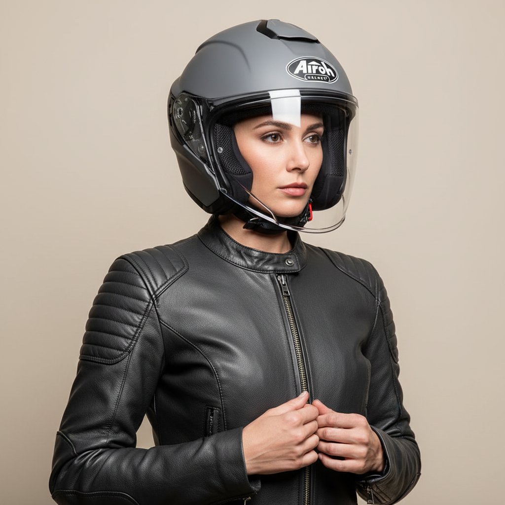 Ragazza con casco Airoh H.20 grigio opaco su fondo beige, visiera lunga abbassata