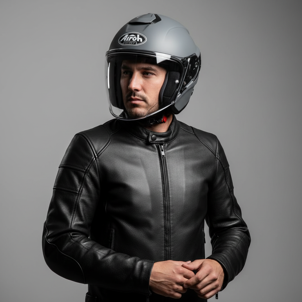 Uomo in giacca di pelle indossa in studio il casco Airoh H.20 grigio opaco