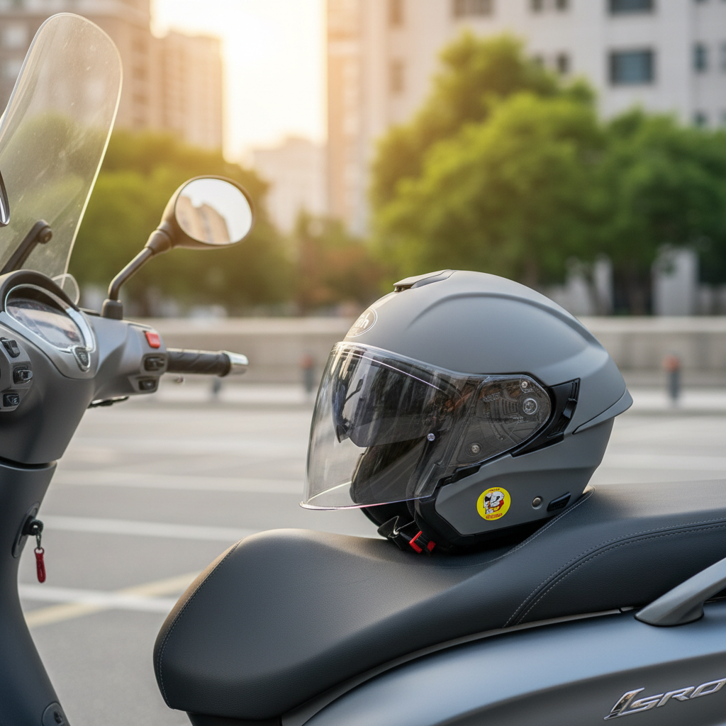 Casco Airoh H.20 grigio opaco appoggiato sulla sella di uno scooter in un piazzale
