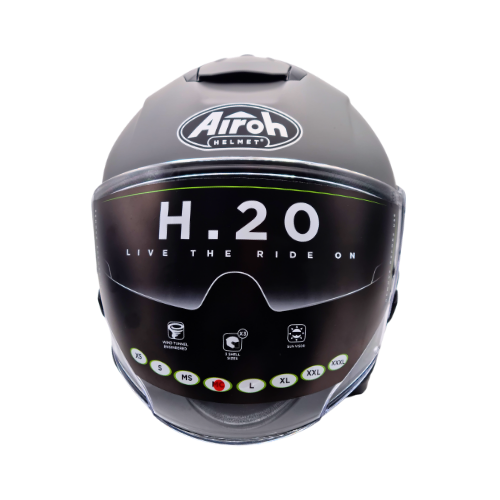Vista frontale del casco jet Airoh H.20 grigio opaco con adesivo di serie applicato