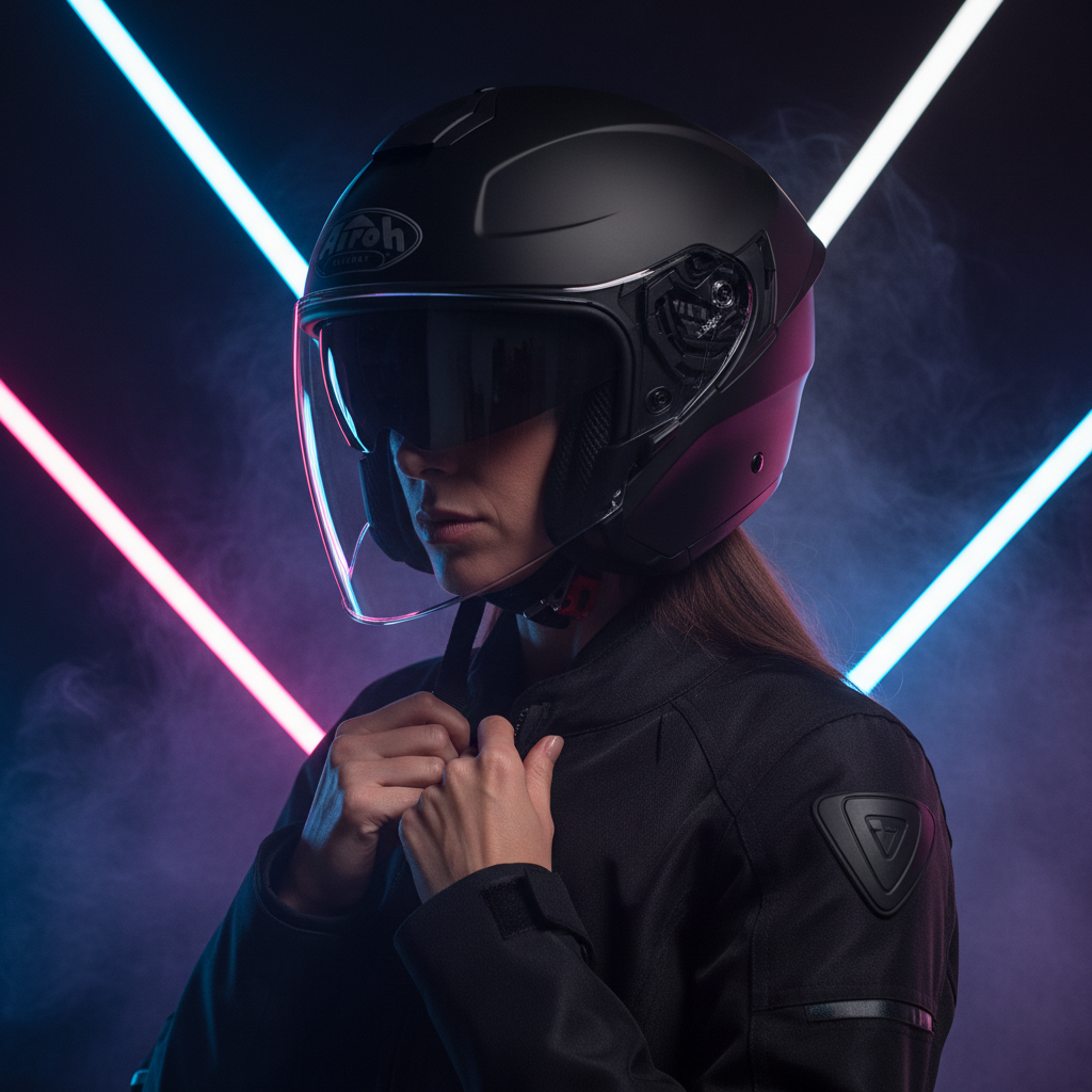 Donna con giacca tecnica e casco Airoh H.20 nero opaco tra neon rosa e azzurri