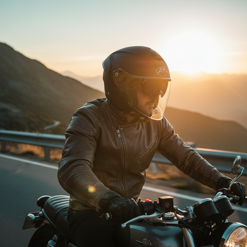 Motociclista in curva su strada di montagna con casco Airoh H.20 nero opaco