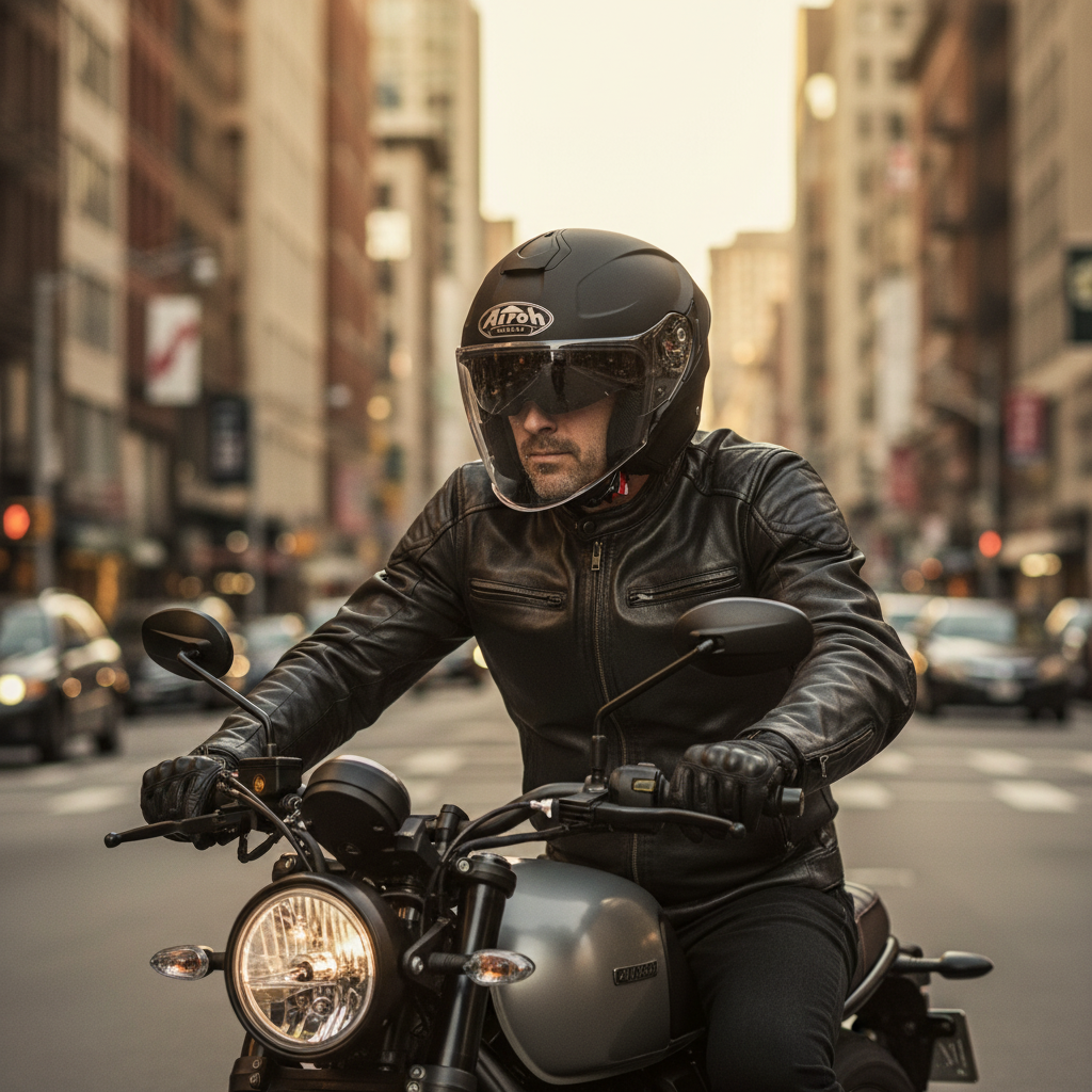 Uomo in sella a una moto in città indossa il casco Airoh H.20 nero opaco