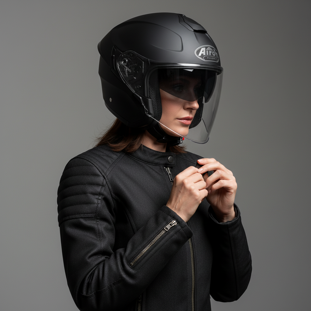 Ragazza di tre quarti con casco Airoh H.20 nero opaco e visiera lunga abbassata