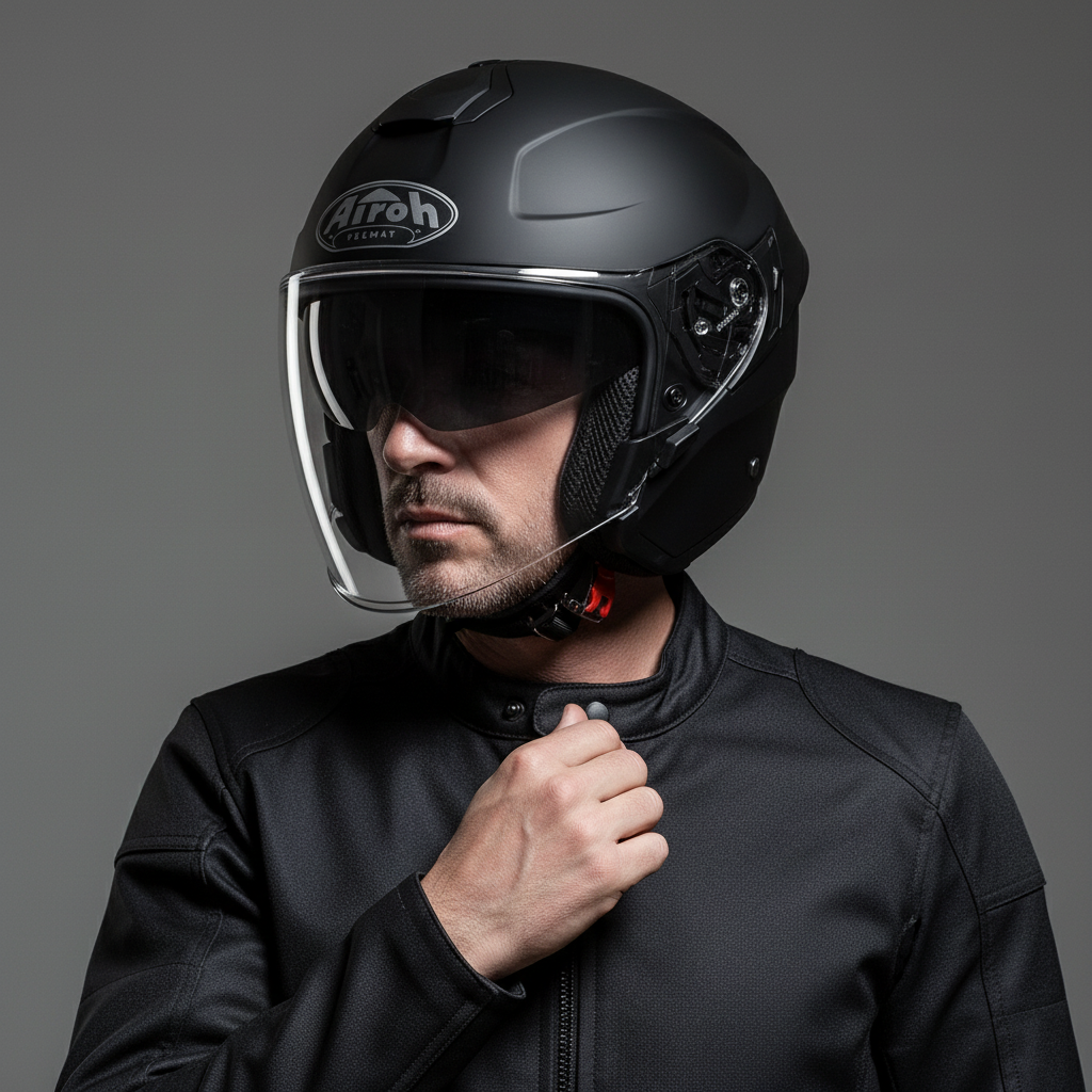 Uomo in studio indossa il casco Airoh H.20 nero opaco con parasole scuro abbassato