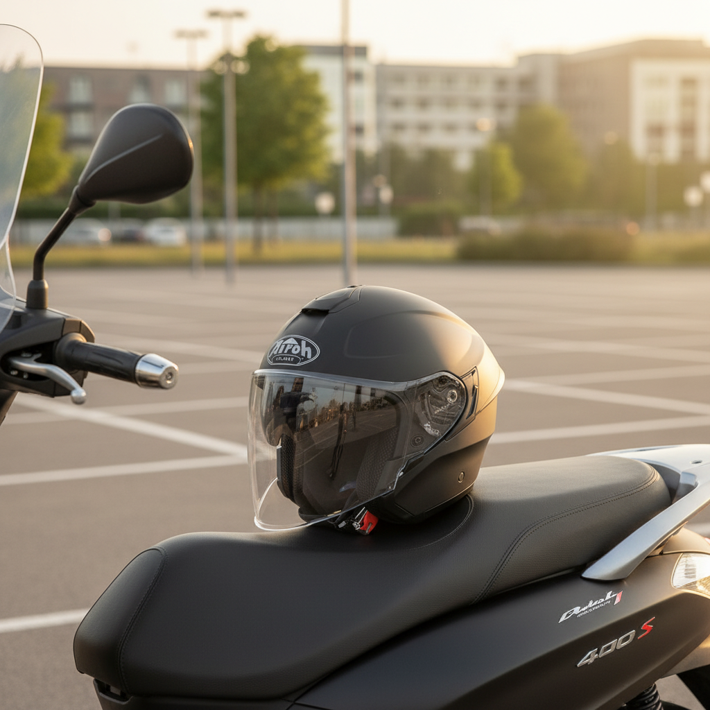 Casco jet nero opaco Airoh H.20 sulla sella di uno scooter in un parcheggio al tramonto