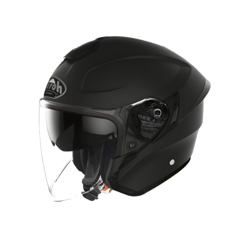 Casco jet Airoh H.20 nero opaco di tre quarti con visiera lunga trasparente abbassata