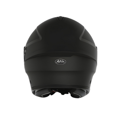 Retro del casco jet Airoh H.20 nero opaco con logo ovale, foto su fondo bianco