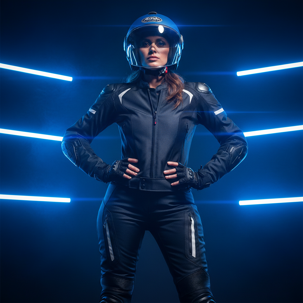 Donna in figura intera con casco Airoh Helios blu opaco fra luci al neon azzurre