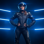 Donna in figura intera con casco Airoh Helios blu opaco fra luci al neon azzurre
