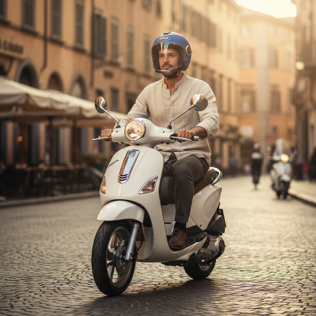 Uomo con casco jet Airoh Helios blu opaco in sella a una Vespa nel centro storico