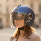 Donna con casco Airoh Helios blu opaco indossato e visierino parasole abbassato