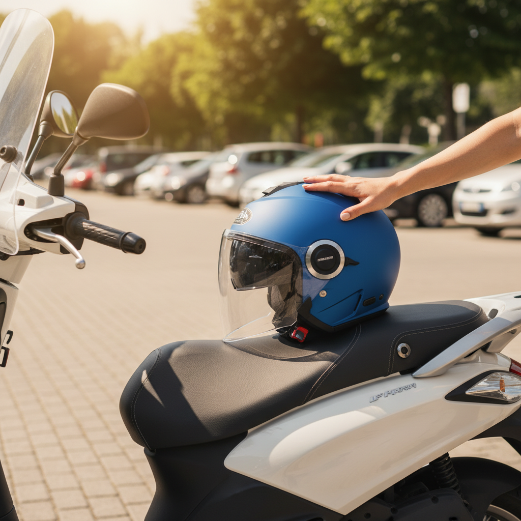 Casco jet Airoh Helios blu opaco appoggiato sulla sella di uno scooter in città