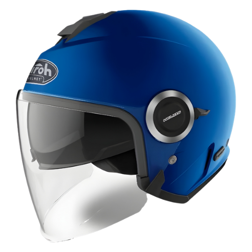 Casco jet Airoh Helios blu opaco con visiera trasparente, vista di tre quarti anteriore destra