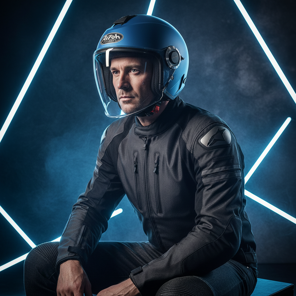 Uomo seduto con casco jet Airoh Helios blu opaco indossato fra luci al neon