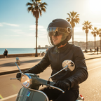 Motociclista con casco jet Airoh Helios nero opaco su scooter in una strada alberata di palme