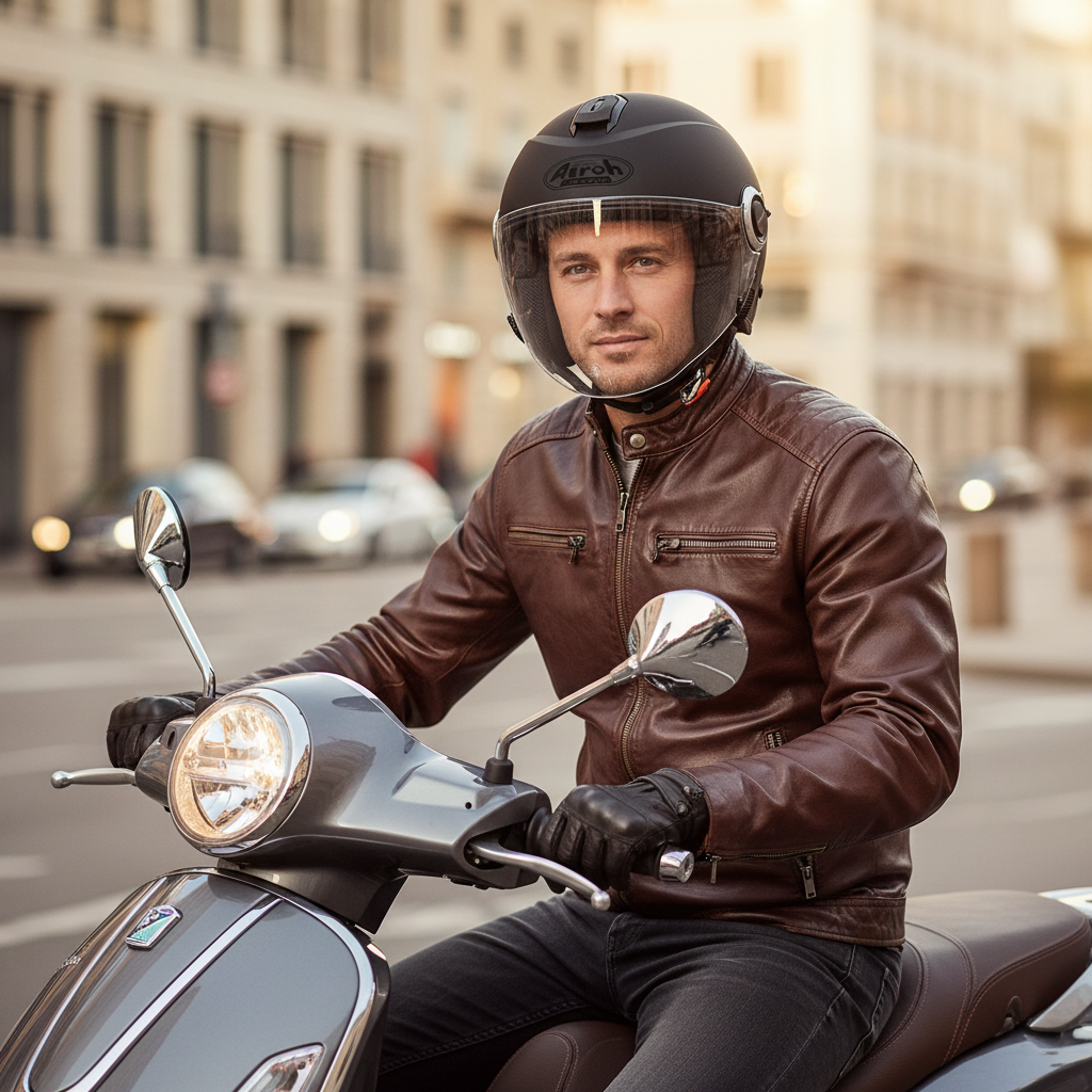 Uomo con casco jet Airoh Helios nero opaco in sella a uno scooter sul lungomare