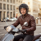 Uomo con casco jet Airoh Helios nero opaco in sella a uno scooter sul lungomare