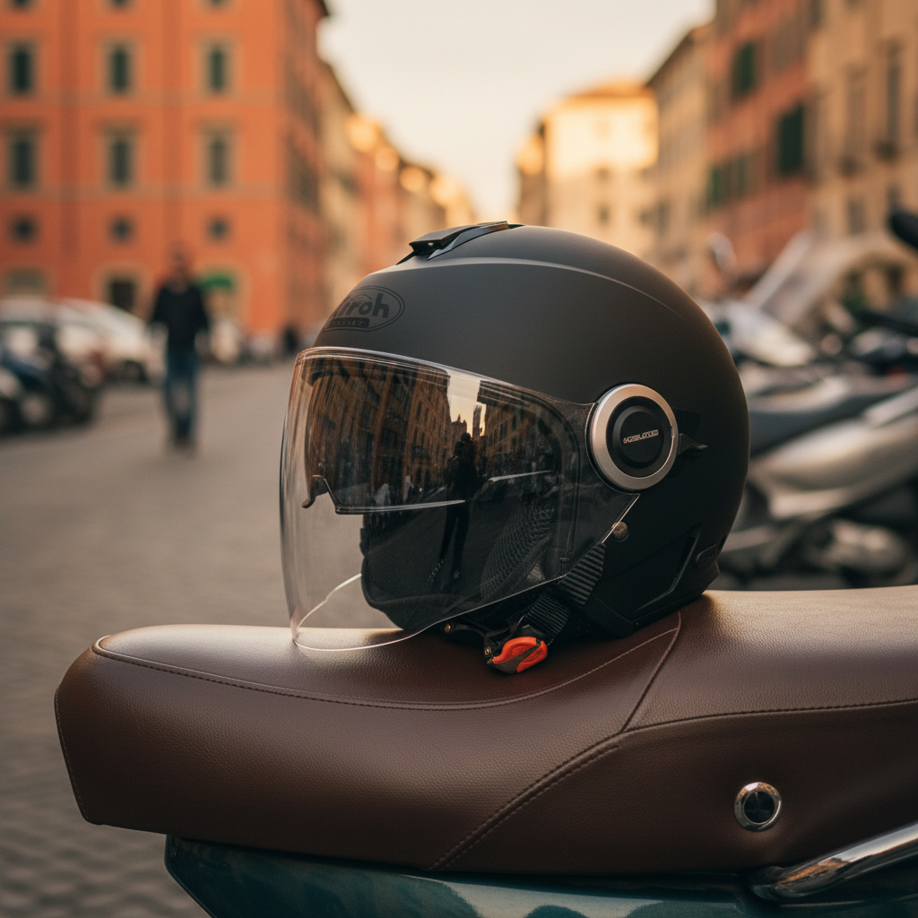 Casco jet Airoh Helios nero opaco appoggiato sulla sella di uno scooter in una via cittadina