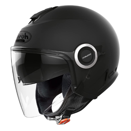 Casco jet Airoh Helios nero opaco con visiera trasparente, vista di tre quarti anteriore sinistra