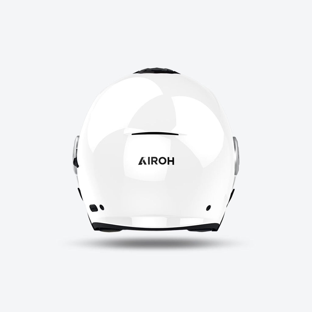 Retro del casco jet Airoh Helyos bianco lucido con logo Airoh scuro sulla calotta