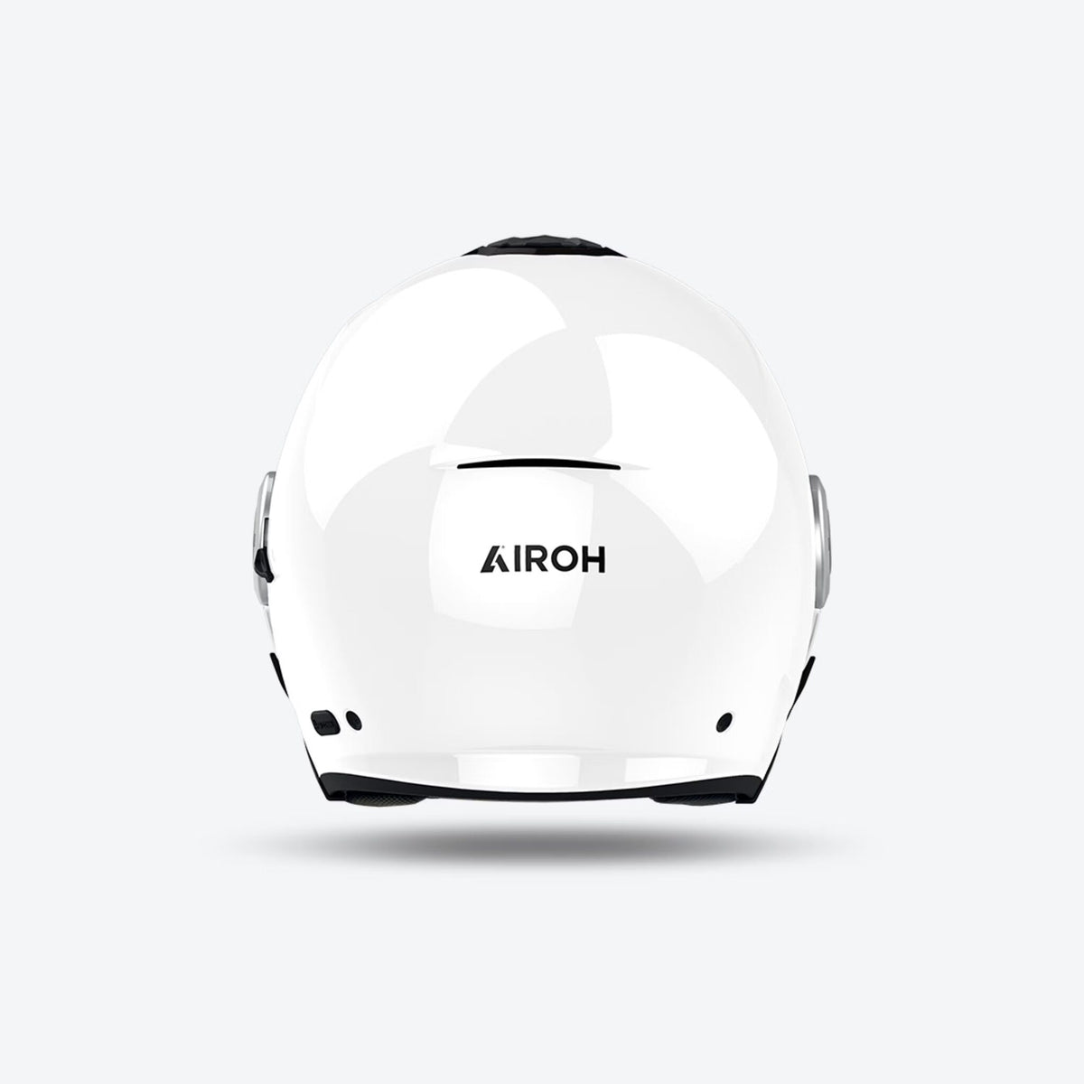 Retro del casco jet Airoh Helyos bianco lucido con logo Airoh scuro sulla calotta