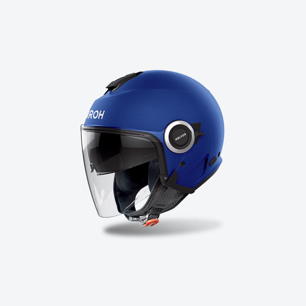 Casco jet Airoh Helyos Color blu opaco, vista tre quarti anteriore sinistra su fondo bianco