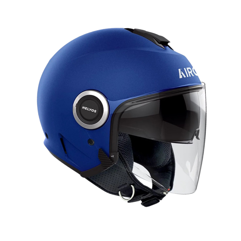 Airoh Helyos HE619 blu opaco, lato destro con visiera lunga trasparente sollevata