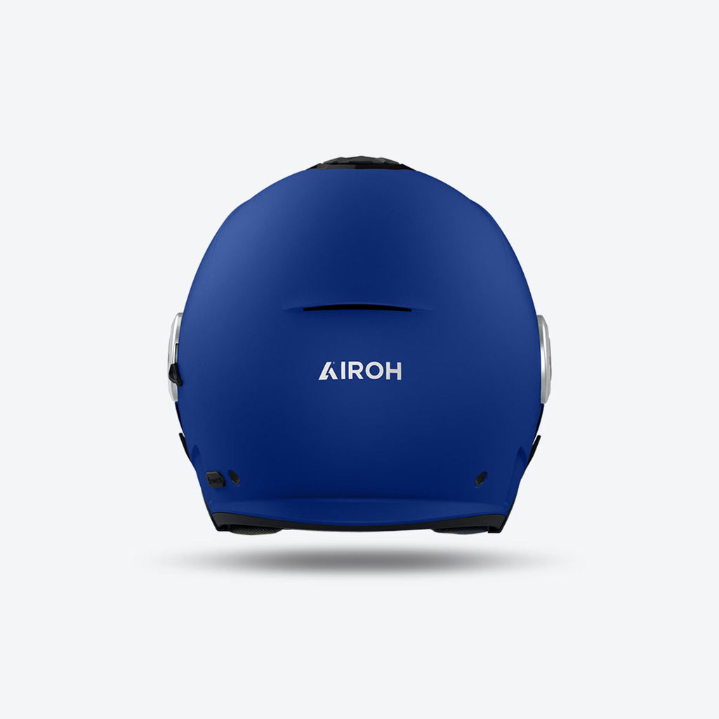 Retro del casco jet Airoh Helyos blu opaco con logo Airoh chiaro sulla calotta