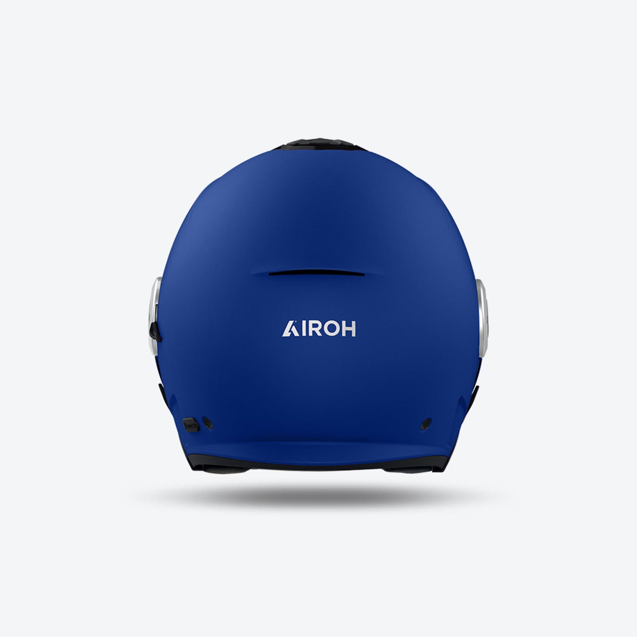 Retro del casco jet Airoh Helyos blu opaco con logo Airoh chiaro sulla calotta