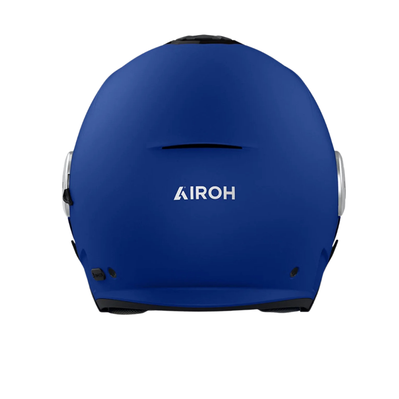 Retro del casco jet Airoh Helyos blu opaco con logo Airoh chiaro sulla calotta
