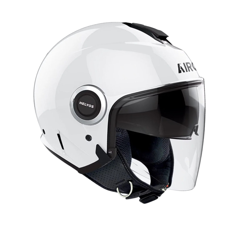Casco jet Airoh Helyos Color bianco lucido visto di tre quarti dal lato opposto, con visiera lunga