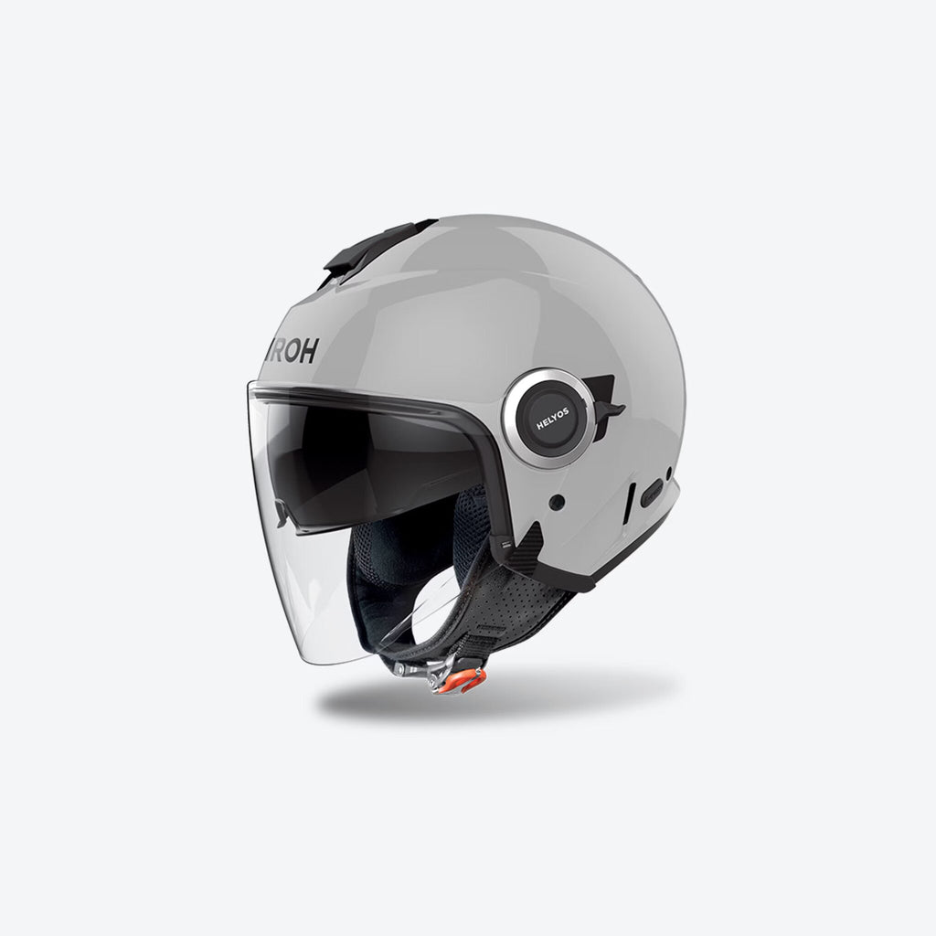 Casco jet Airoh Helyos Color grigio cemento lucido, vista tre quarti anteriore sinistra