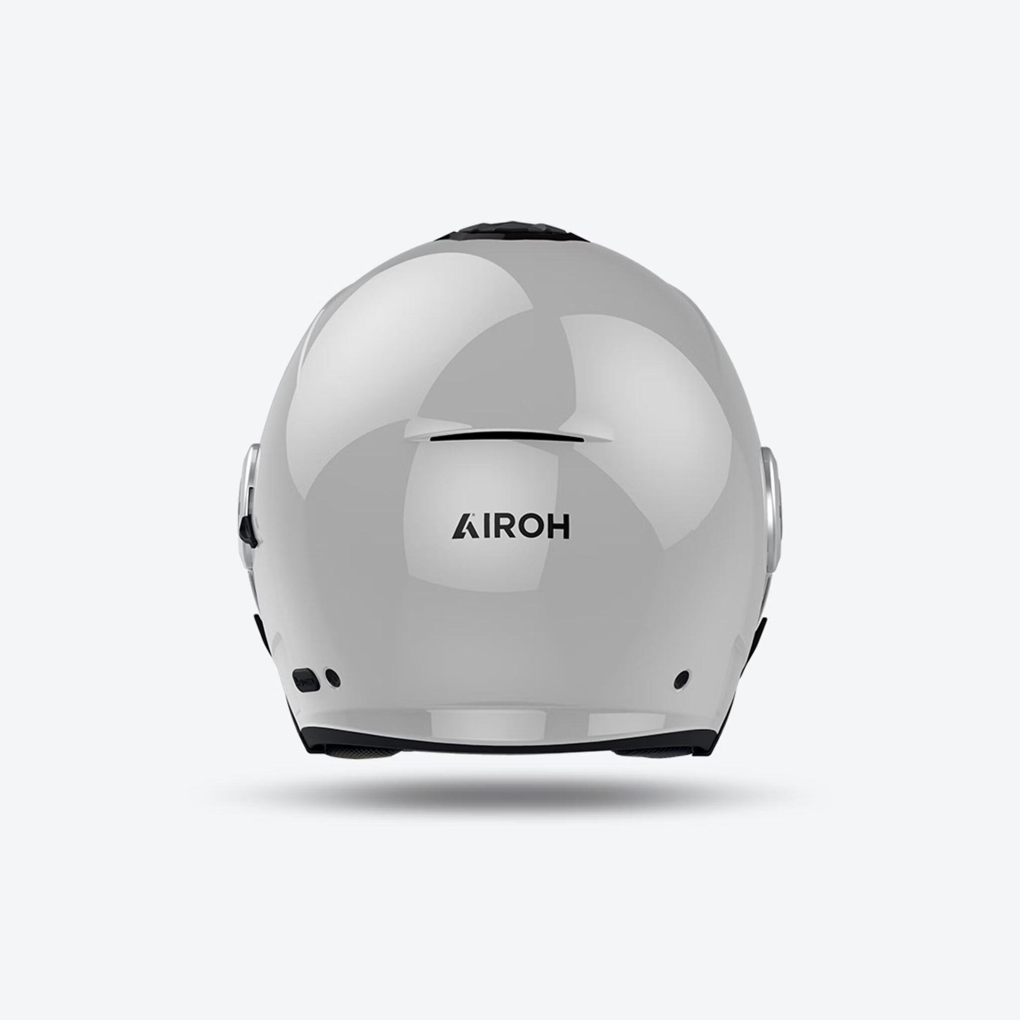 Retro del casco jet Airoh Helyos grigio cemento lucido con logo Airoh in evidenza