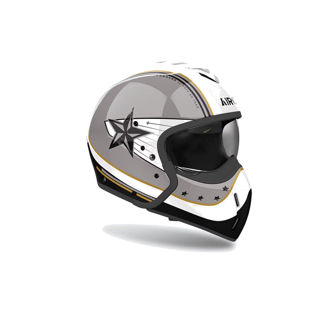 Airoh J 110 Command Grigio/Bianco/Oro Glitter J1C91, casco modulare, vista di tre quarti dal lato destro
