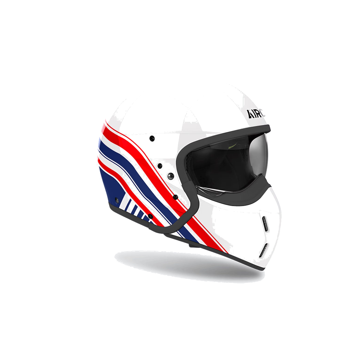 Airoh J 110 Eon Bianco/Blu/Rosso Lucido J1E55, casco modulare, vista di tre quarti dal lato destro